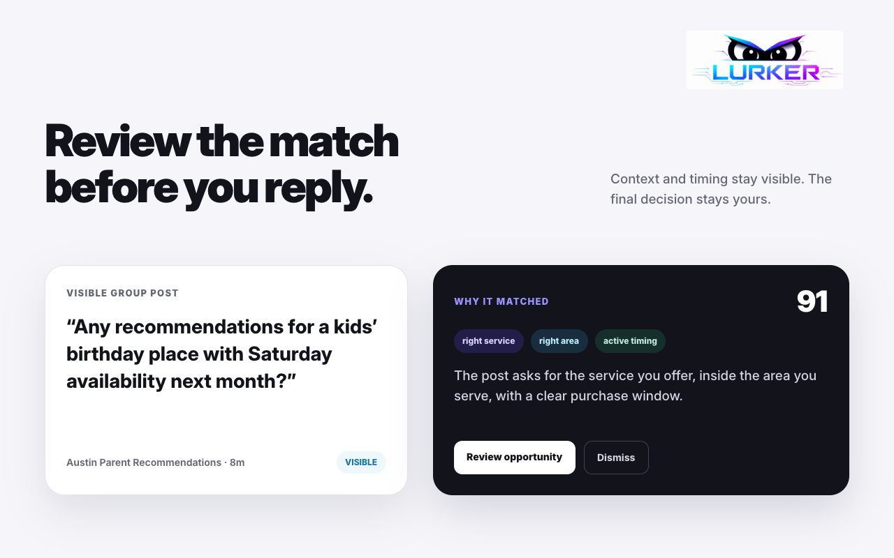 Light-theme Lurker review concept showing a score, visible post context, match reasons, and human review controls