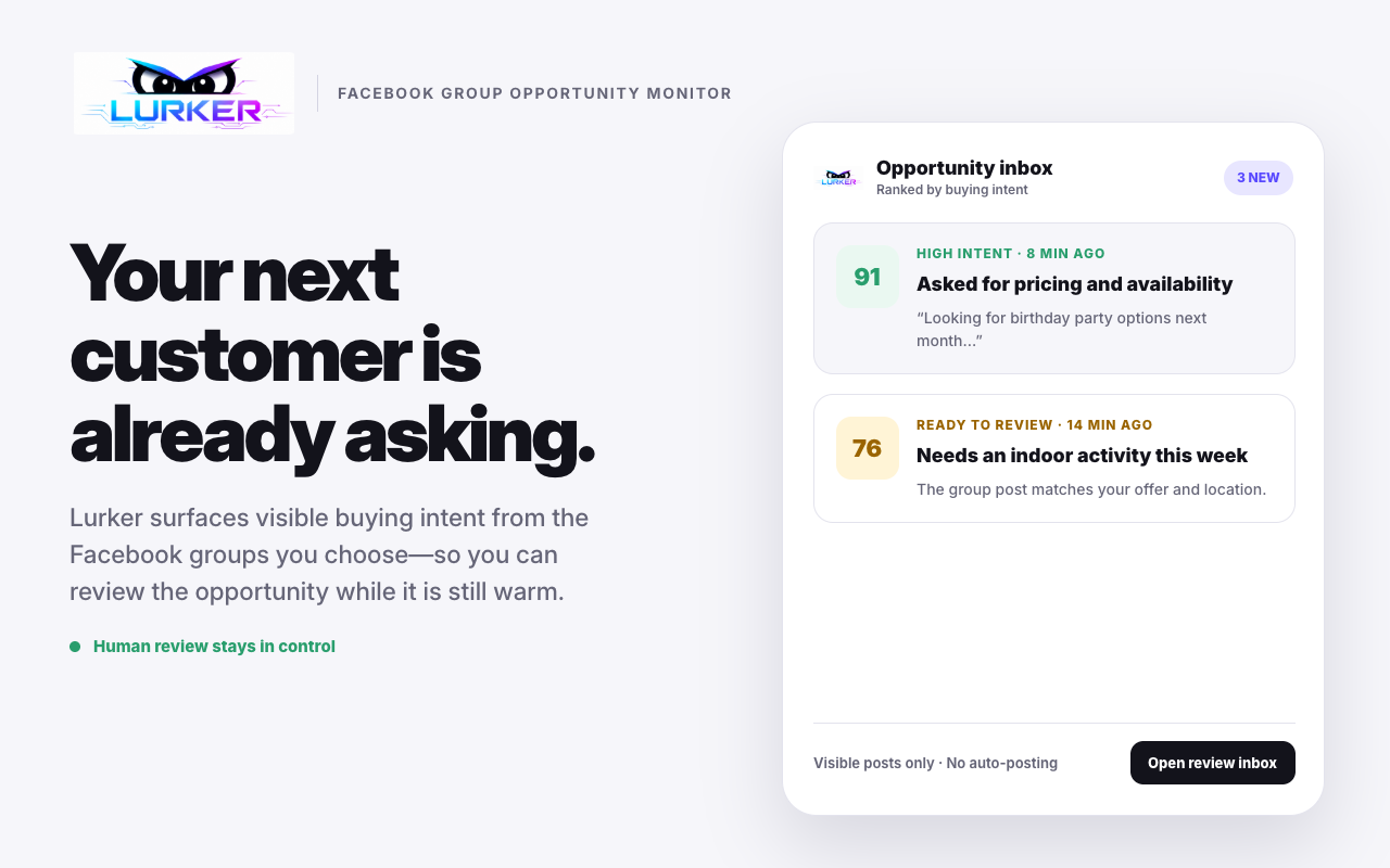 A light-theme Lurker opportunity inbox ranking synthetic Facebook group opportunities by relevance score