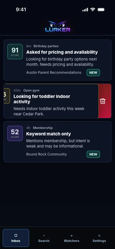 A Lurker opportunity inbox ranking three synthetic Facebook group opportunities by relevance score