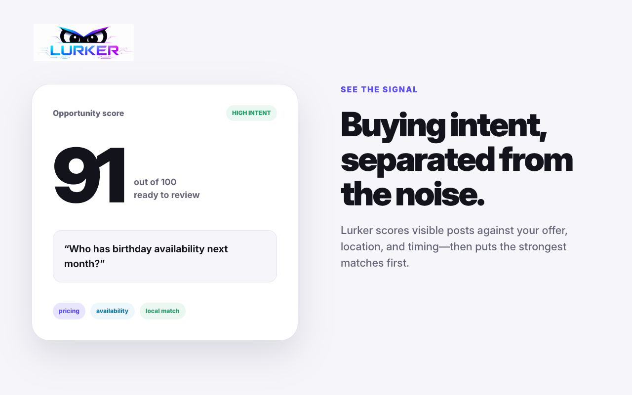 Light-theme Lurker signal concept showing how buying intent is ranked for human review