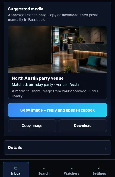 Synthetic Lurker suggested-media card showing an approved venue image, matched tags, copy controls, and download action