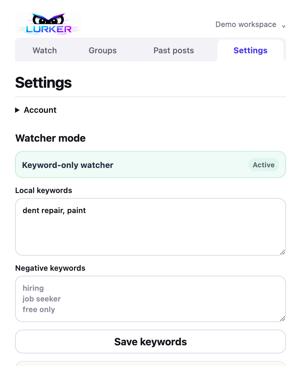 Example extension keyword controls: Local keywords, Negative keywords, and the Save keywords button.