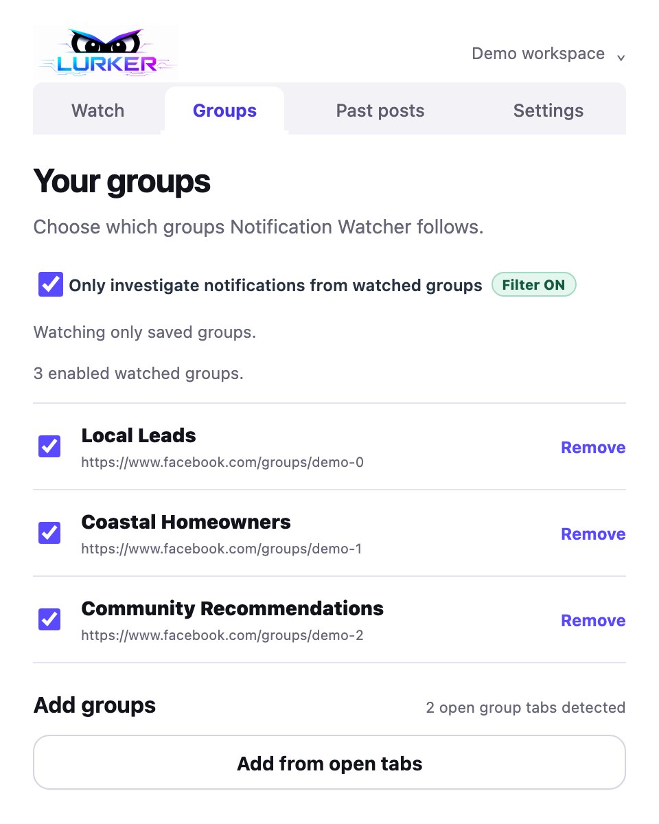 The Groups tab with illustrative saved groups, enable checkboxes, and Add from open tabs.